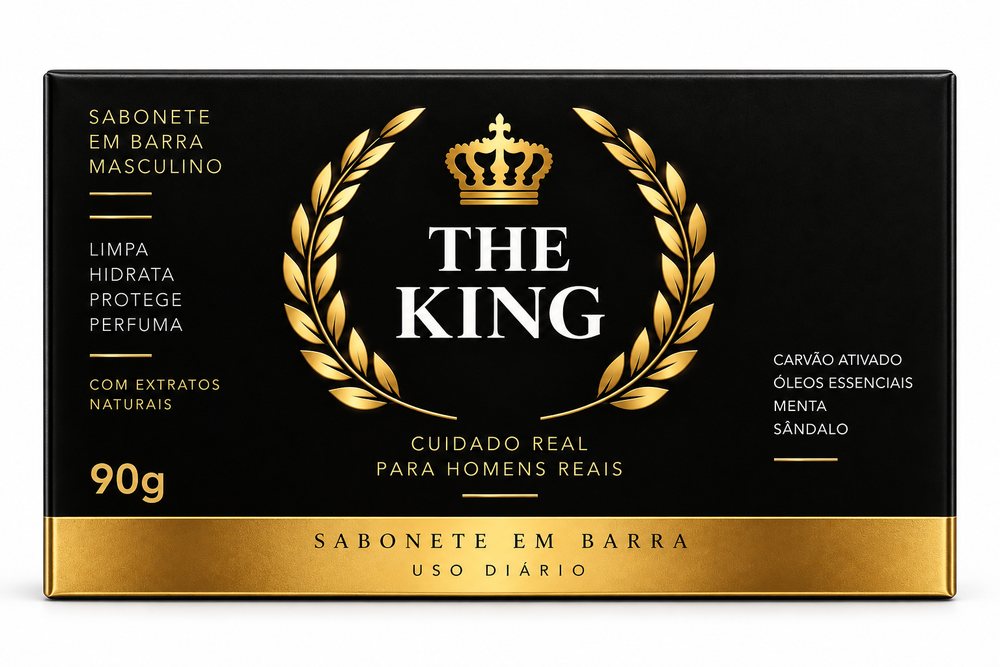 Caixa do sabonete THE KING com a lista de ingredientes: carvão ativado, óleos essenciais, menta e sândalo